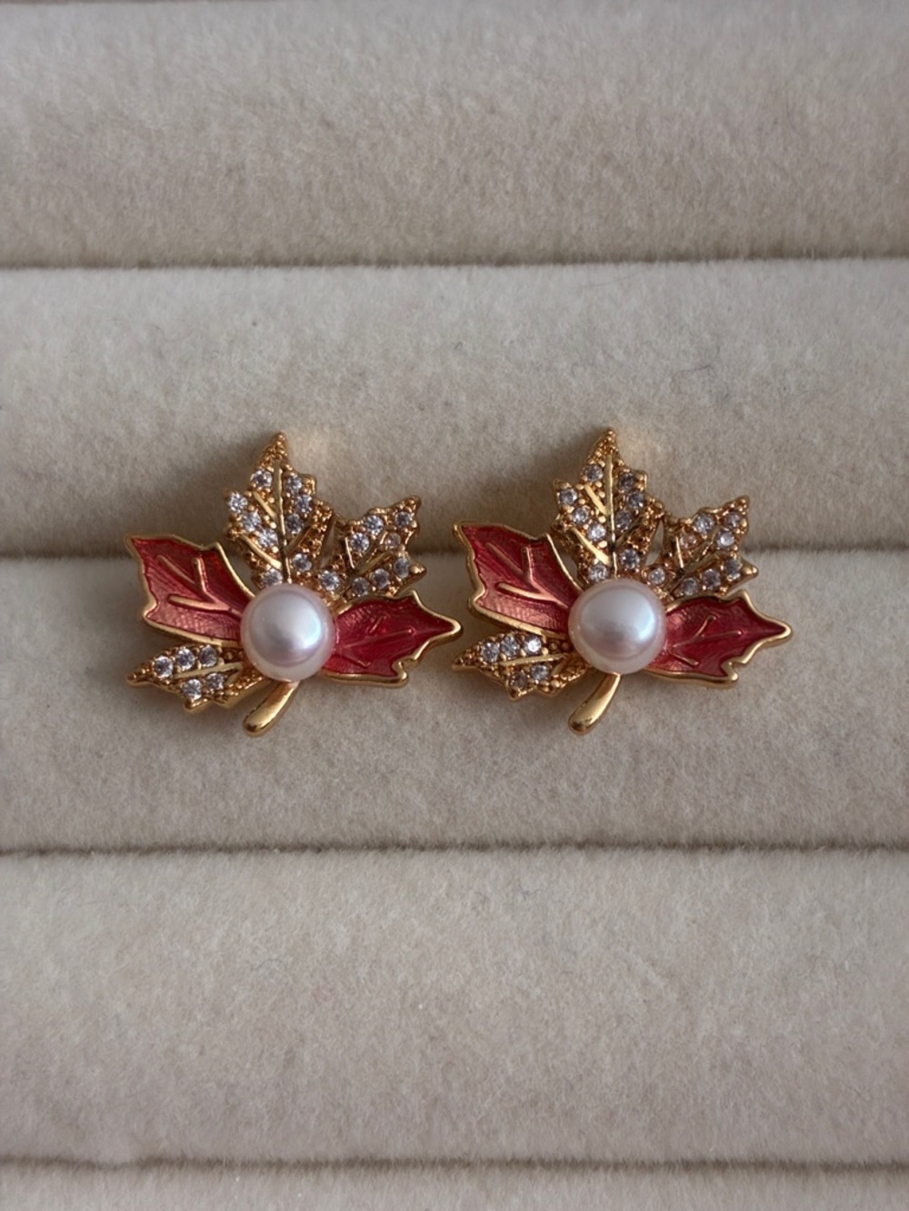 Canada Maple Leaf Pearl Earrings, Red Enamel Stud Cute Fall Jewelry